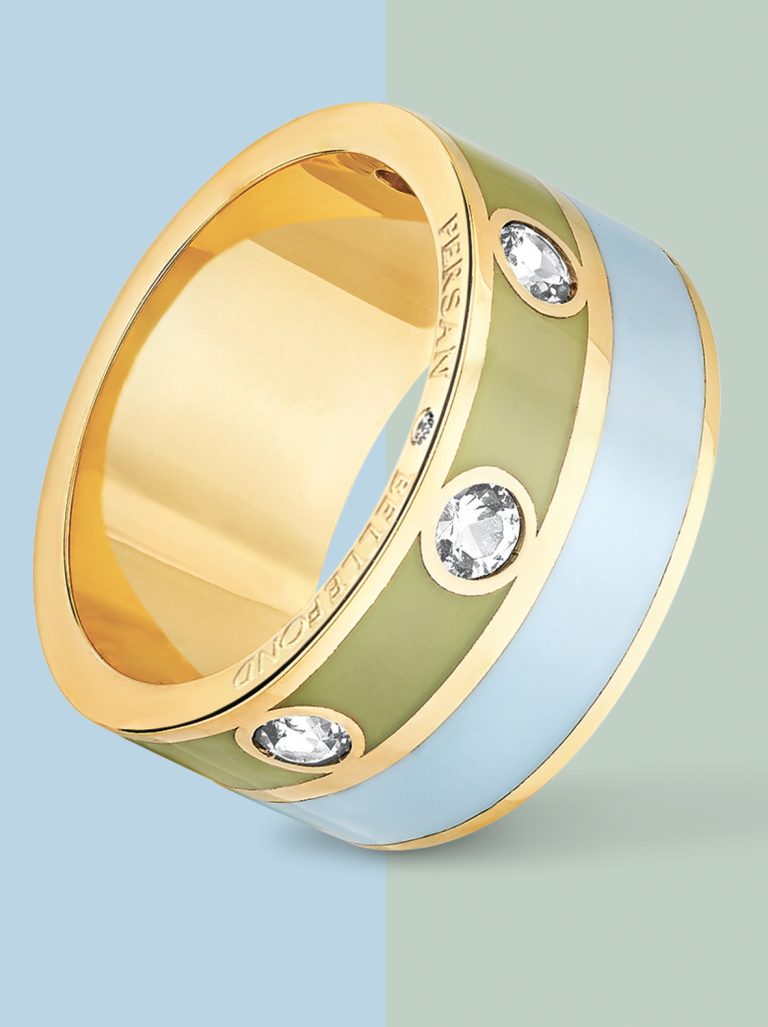 Bague double Vert mousse et Bleu Jodhpur sur fond bicolore